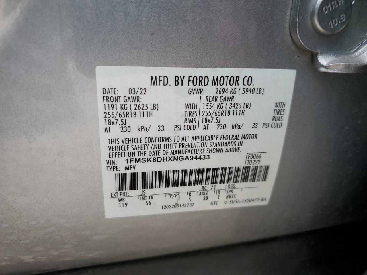 2022 Ford Explorer Xlt VIN: 1FMSK8DHXNGA94433 Lot: 61744985