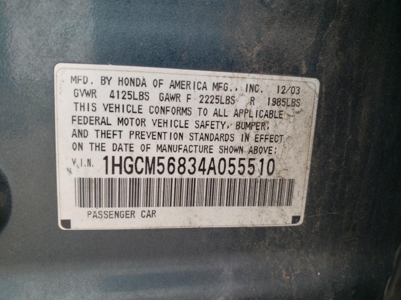 2004 Honda Accord Ex VIN: 1HGCM56834A055510 Lot: 59266965