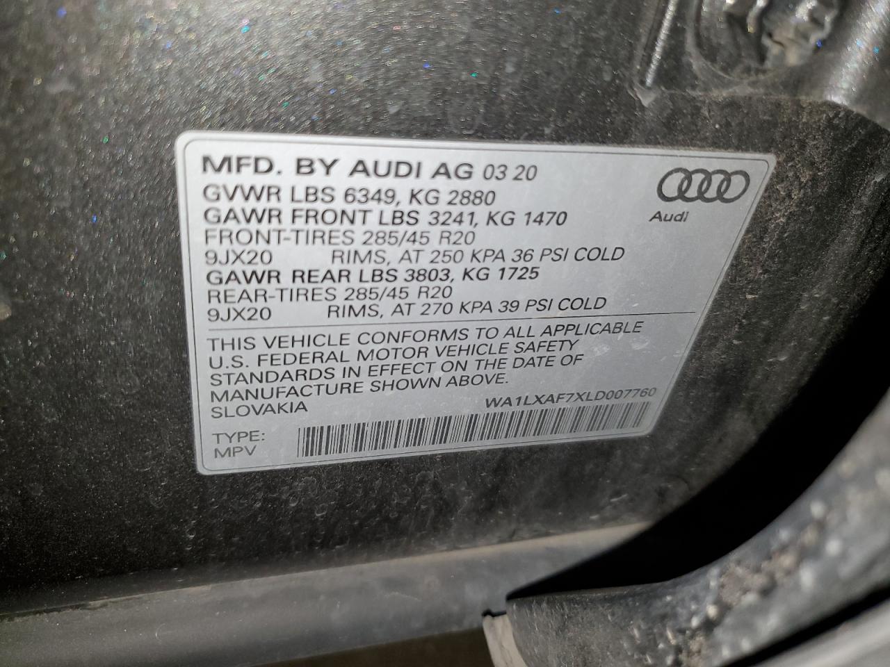 2020 Audi Q7 Premium Plus VIN: WA1LXAF7XLD007760 Lot: 61592395