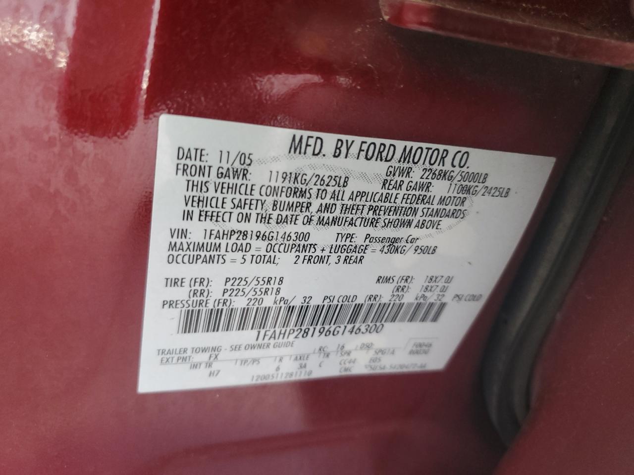 2006 Ford Five Hundred Limited VIN: 1FAHP28196G146300 Lot: 62456185