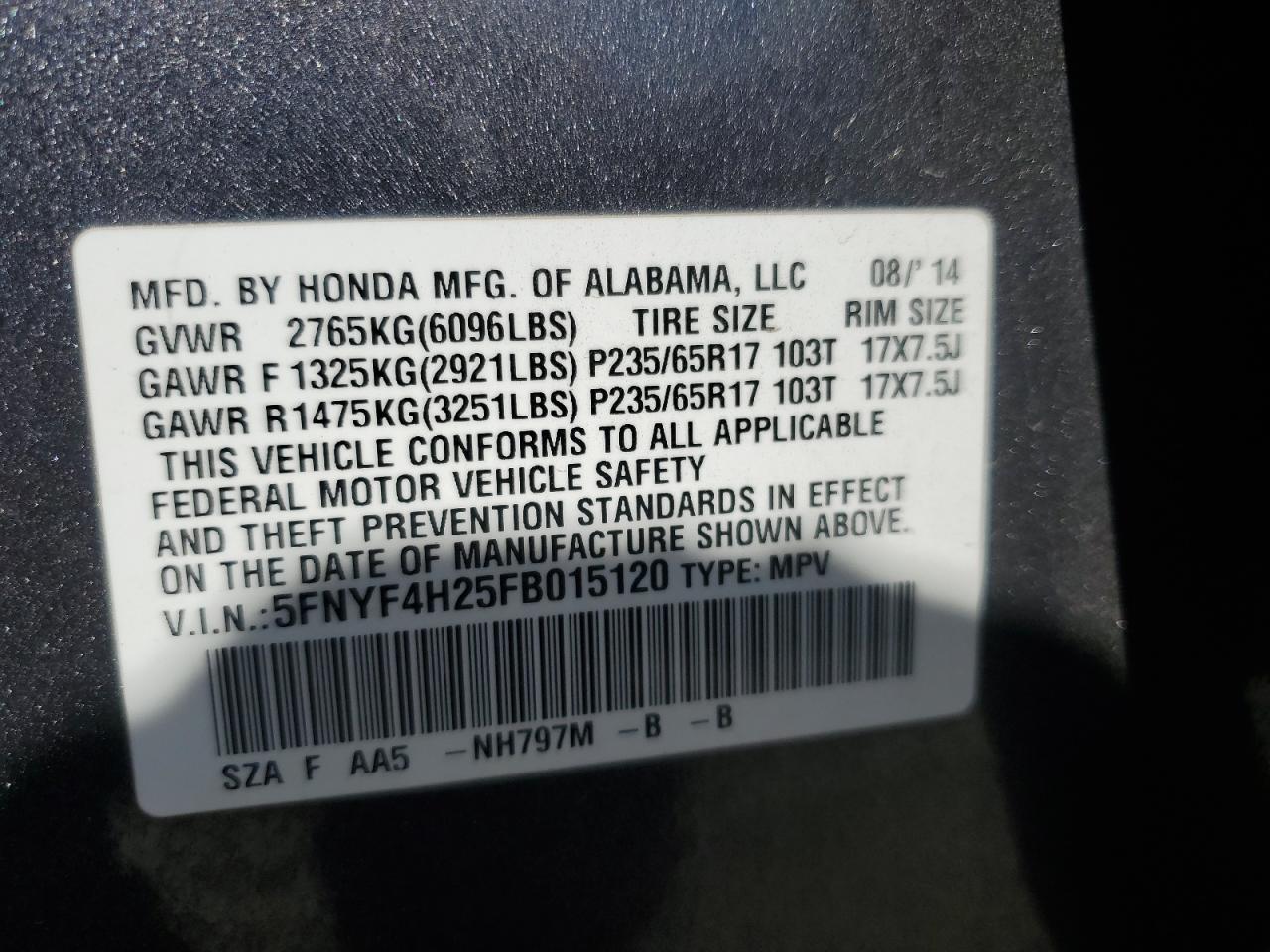 2015 Honda Pilot Lx VIN: 5FNYF4H25FB015120 Lot: 61773105