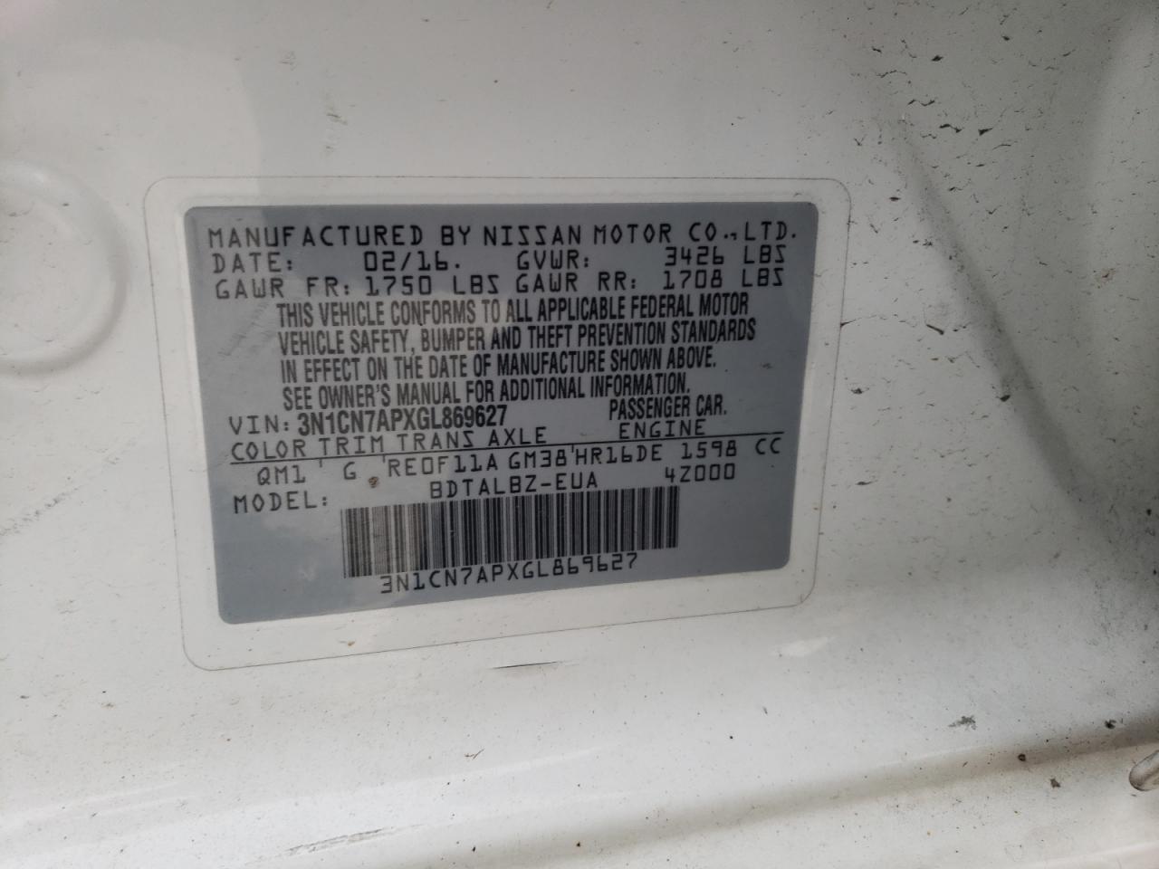 2016 Nissan Versa S VIN: 3N1CN7APXGL869627 Lot: 62943295