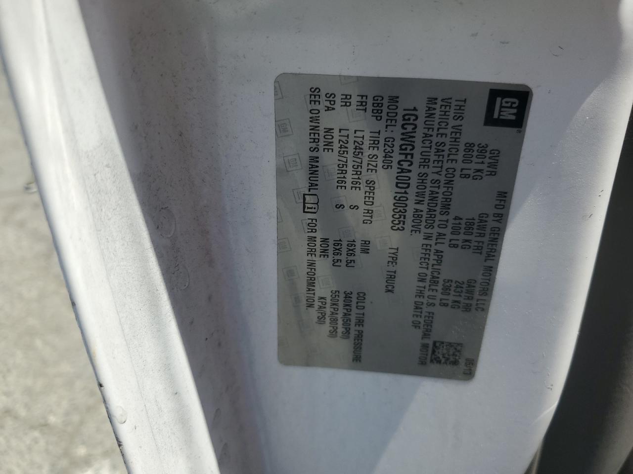 2013 Chevrolet Express G2500 VIN: 1GCWGFCA0D1903553 Lot: 62465695