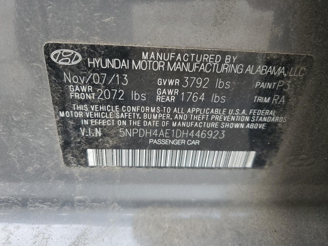 2013 Hyundai Elantra Gls VIN: 5NPDH4AE1DH446923 Lot: 62825765