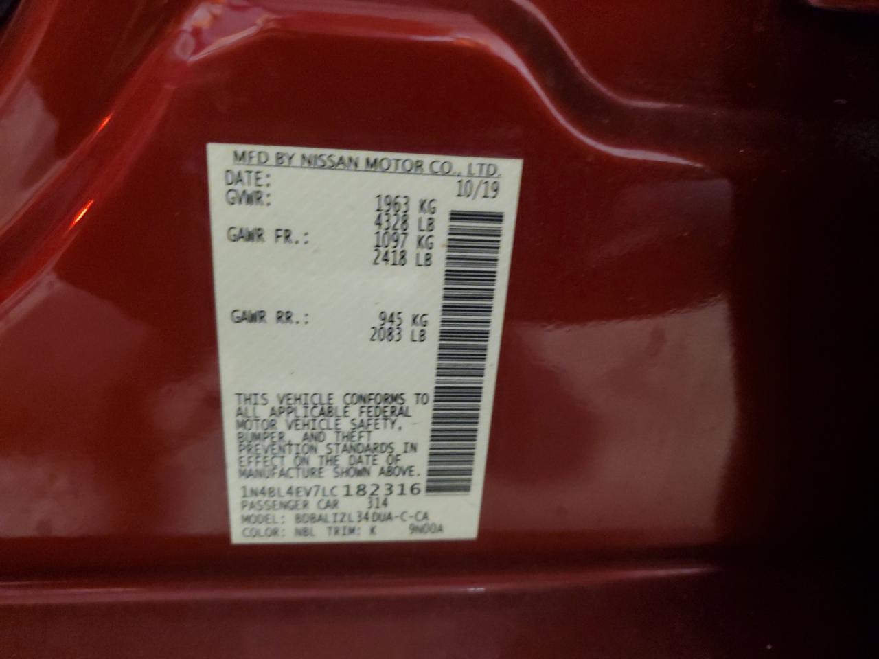 2020 Nissan Altima Sl VIN: 1N4BL4EV7LC182316 Lot: 59304255