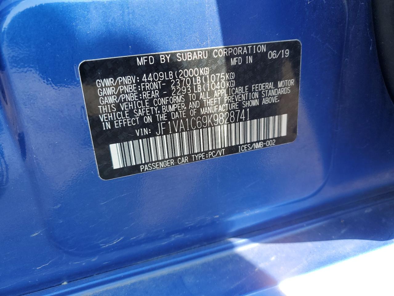 2019 Subaru Wrx Premium VIN: JF1VA1C69K9828741 Lot: 62104675