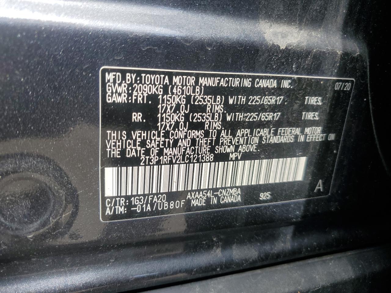 2020 Toyota Rav4 Xle VIN: 2T3P1RFV2LC121388 Lot: 61336565