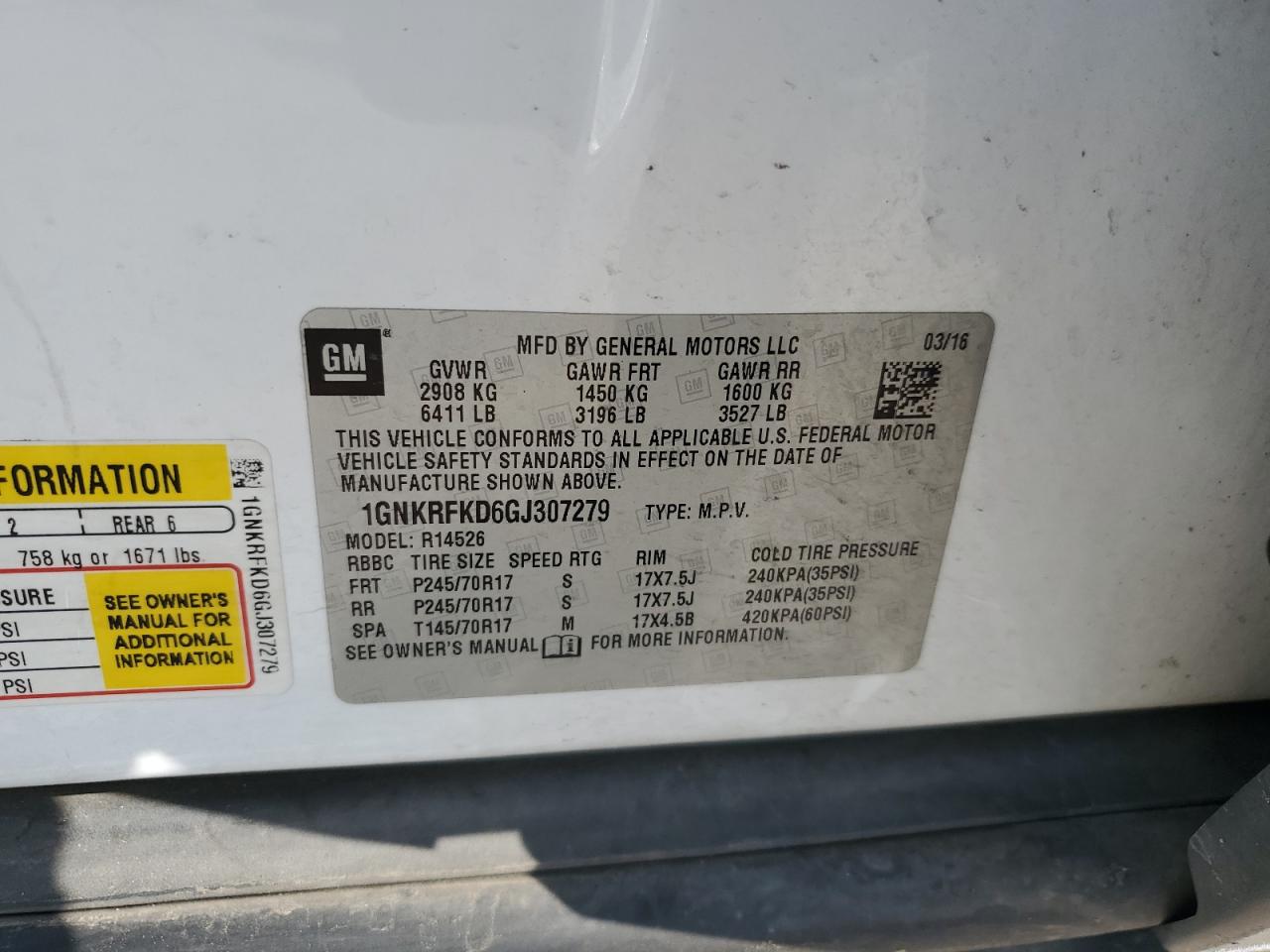 2016 Chevrolet Traverse Ls VIN: 1GNKRFKD6GJ307279 Lot: 62319555