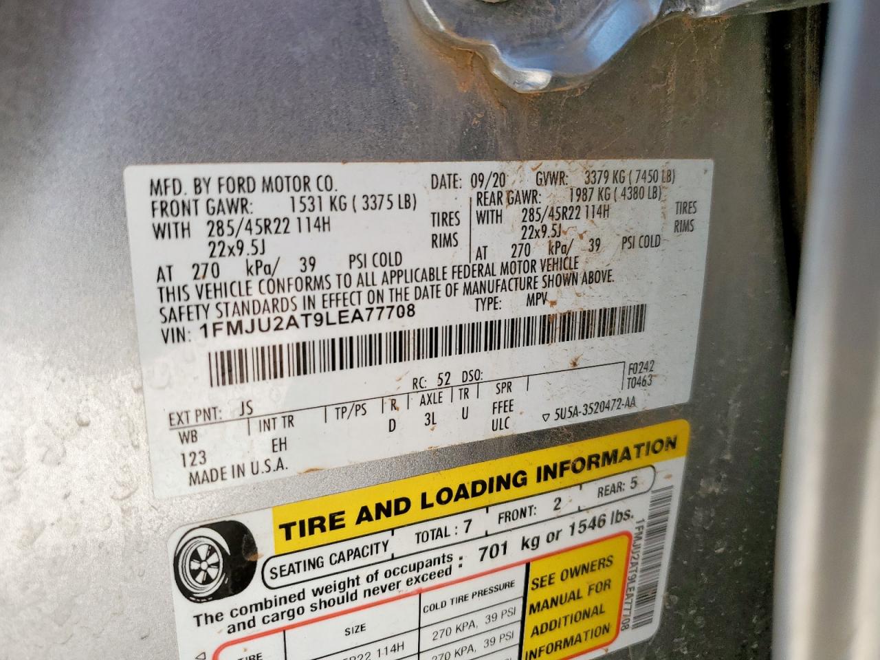 2020 Ford Expedition Limited VIN: 1FMJU2AT9LEA77708 Lot: 60940835