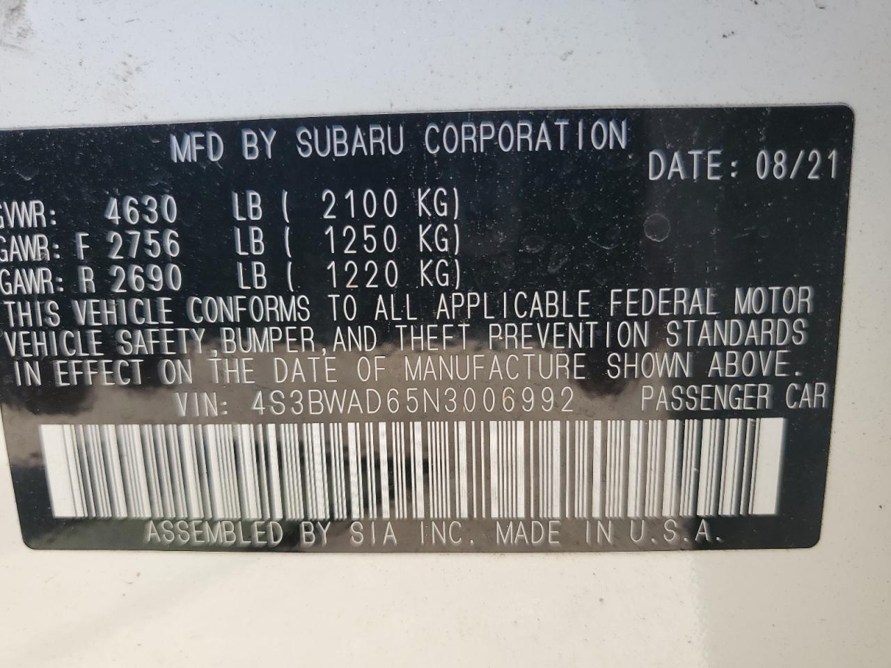 2022 Subaru Legacy Premium VIN: 4S3BWAD65N3006992 Lot: 61456455