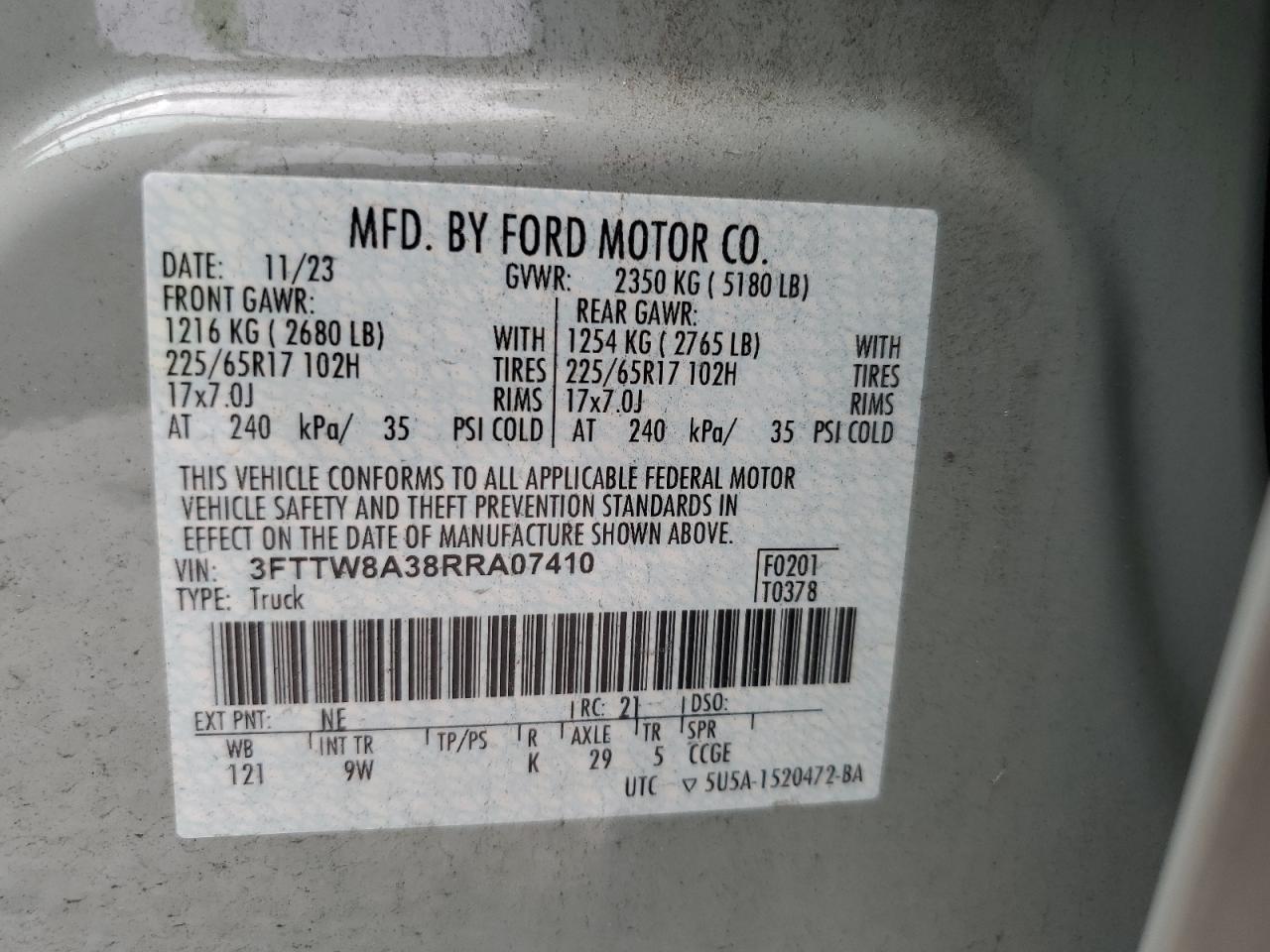 2024 Ford Maverick Xl VIN: 3FTTW8A38RRA07410 Lot: 59789915