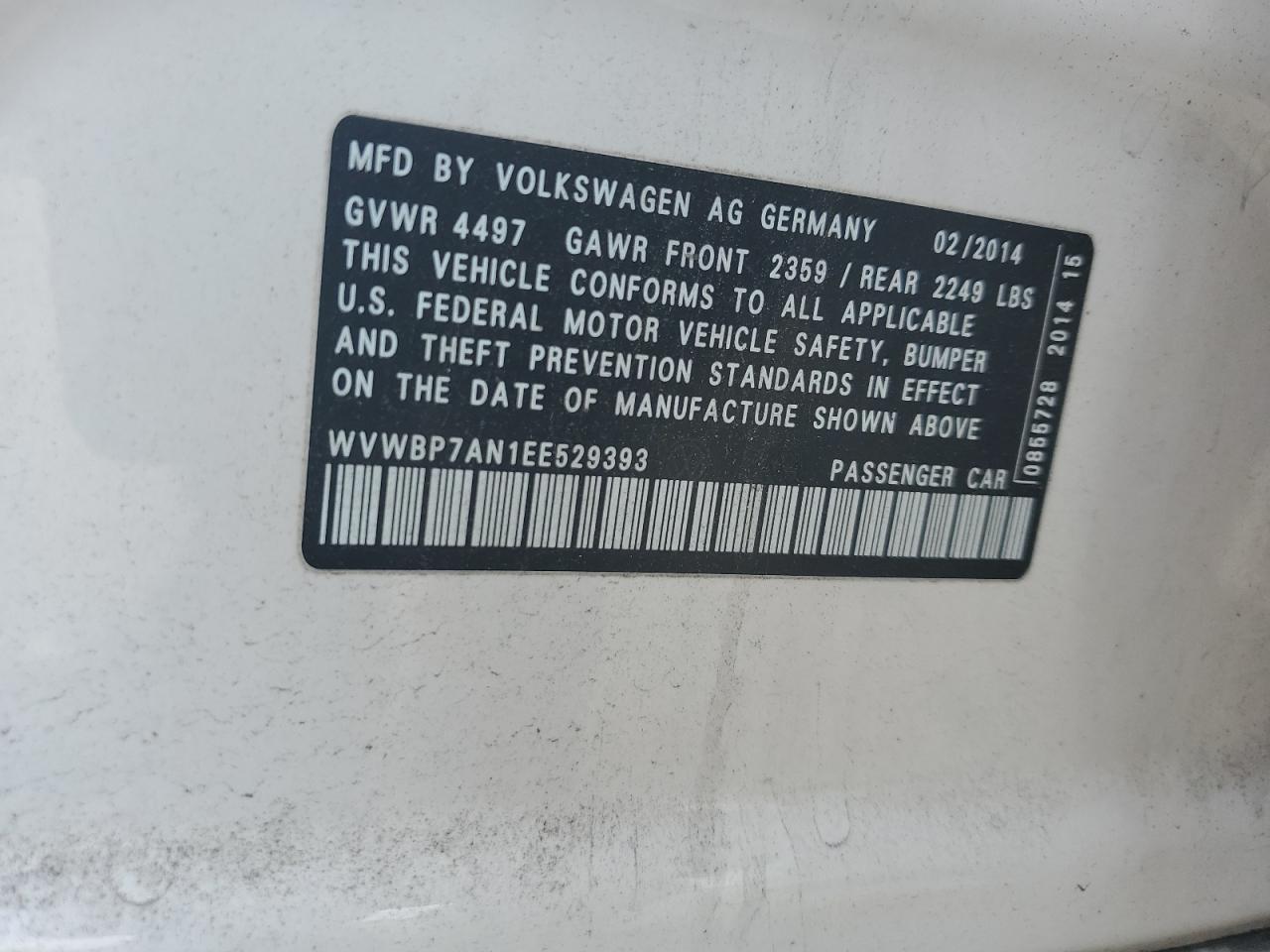 2014 Volkswagen Cc Sport VIN: WVWBP7AN1EE529393 Lot: 62823725