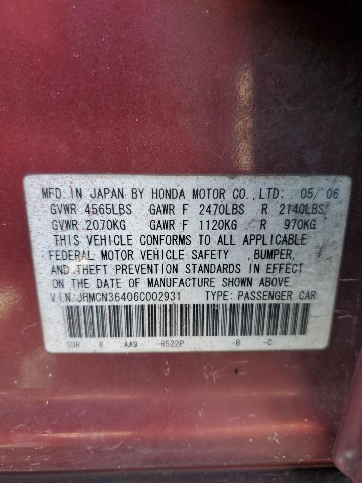 2006 Honda Accord Hybrid VIN: JHMCN36406C002931 Lot: 62480715