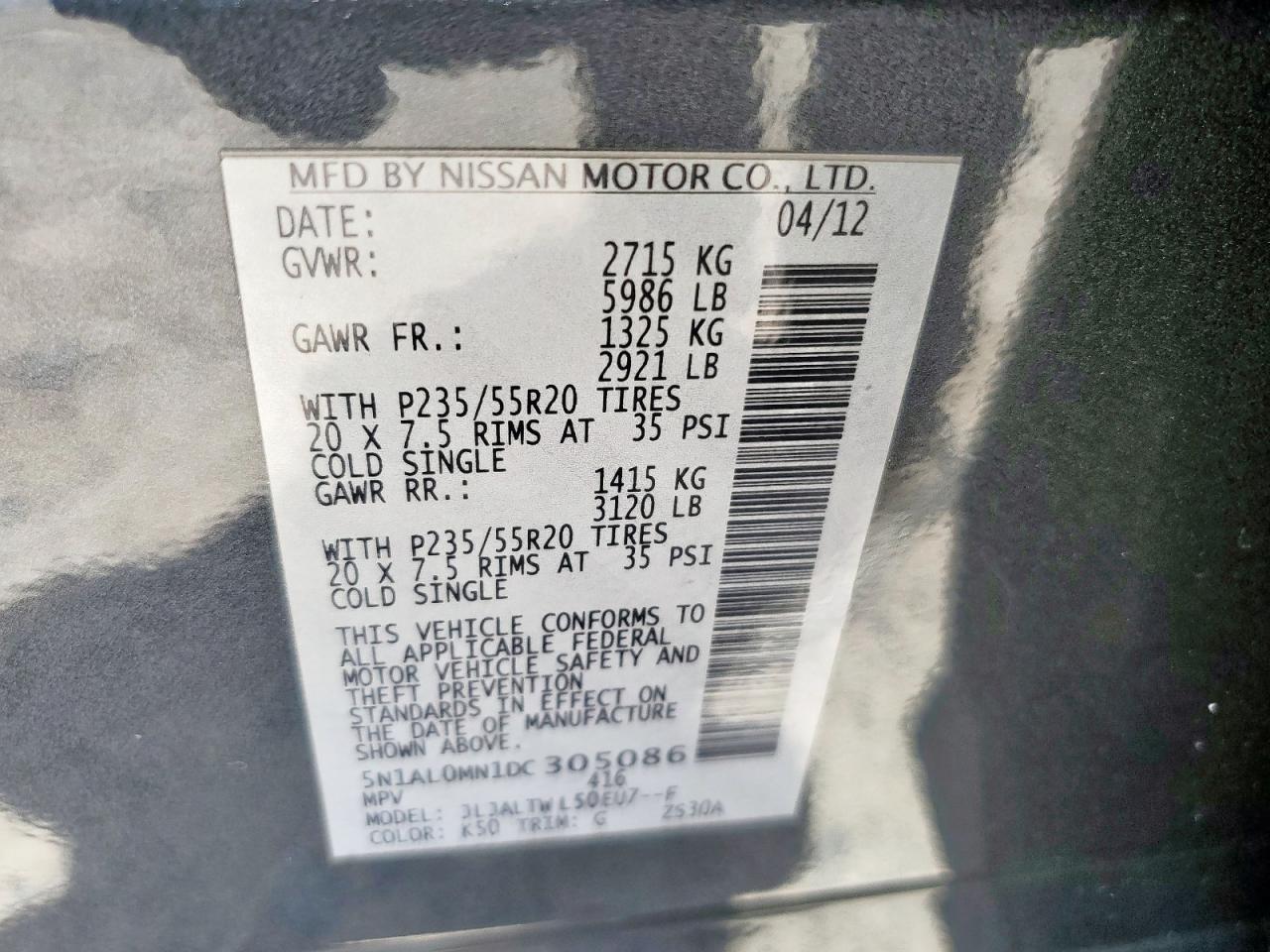 2013 Infiniti Jx35 VIN: 5N1AL0MN1DC305086 Lot: 62658895