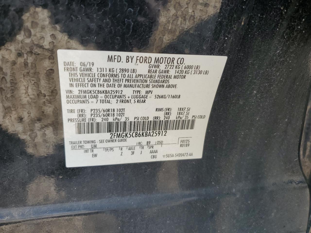 2019 Ford Flex Sel VIN: 2FMGK5C86KBA25912 Lot: 62185525