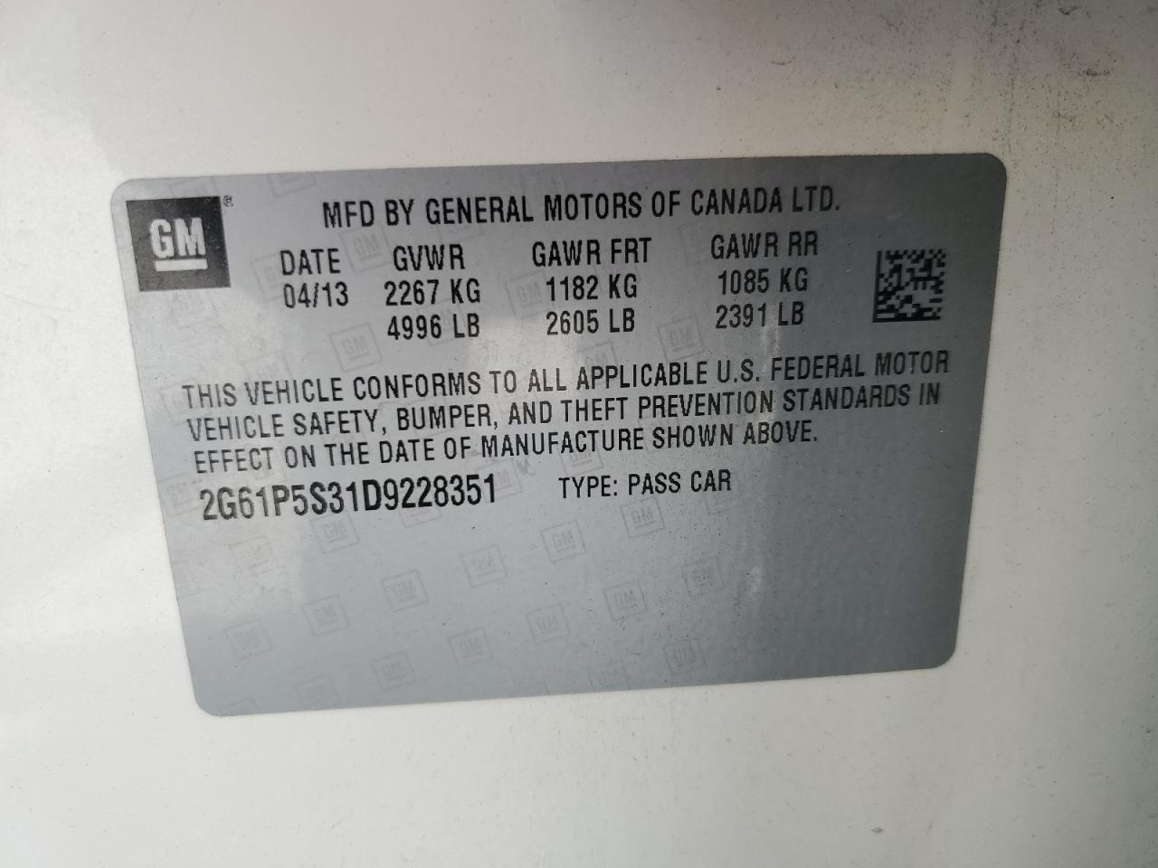 2013 Cadillac Xts Luxury Collection VIN: 2G61P5S31D9228351 Lot: 62119825
