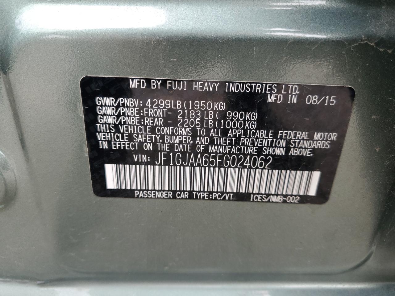 2015 Subaru Impreza VIN: JF1GJAA65FG024062 Lot: 59852185