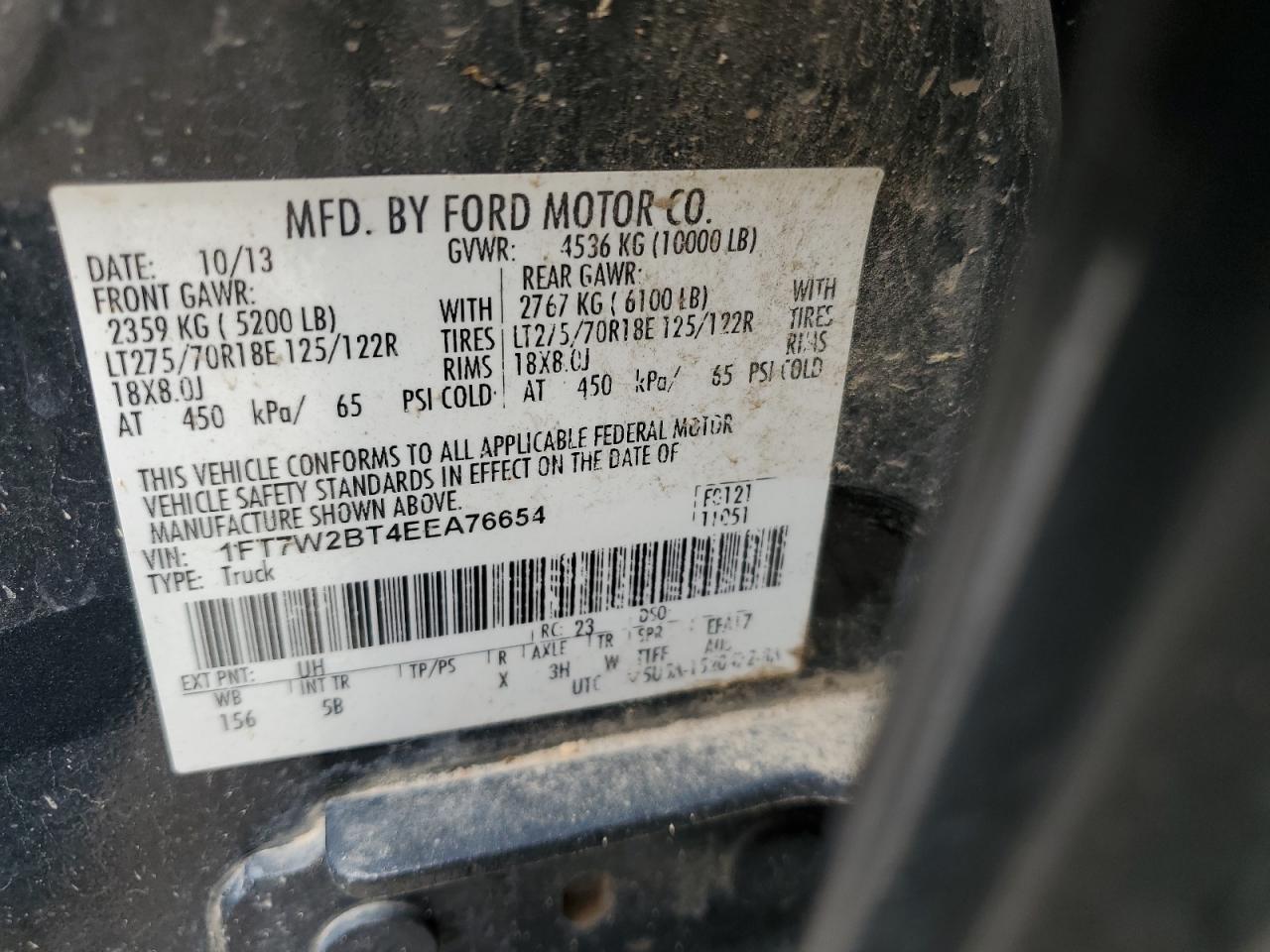 2014 Ford F250 Super Duty VIN: 1FT7W2BT4EEA76654 Lot: 62334565