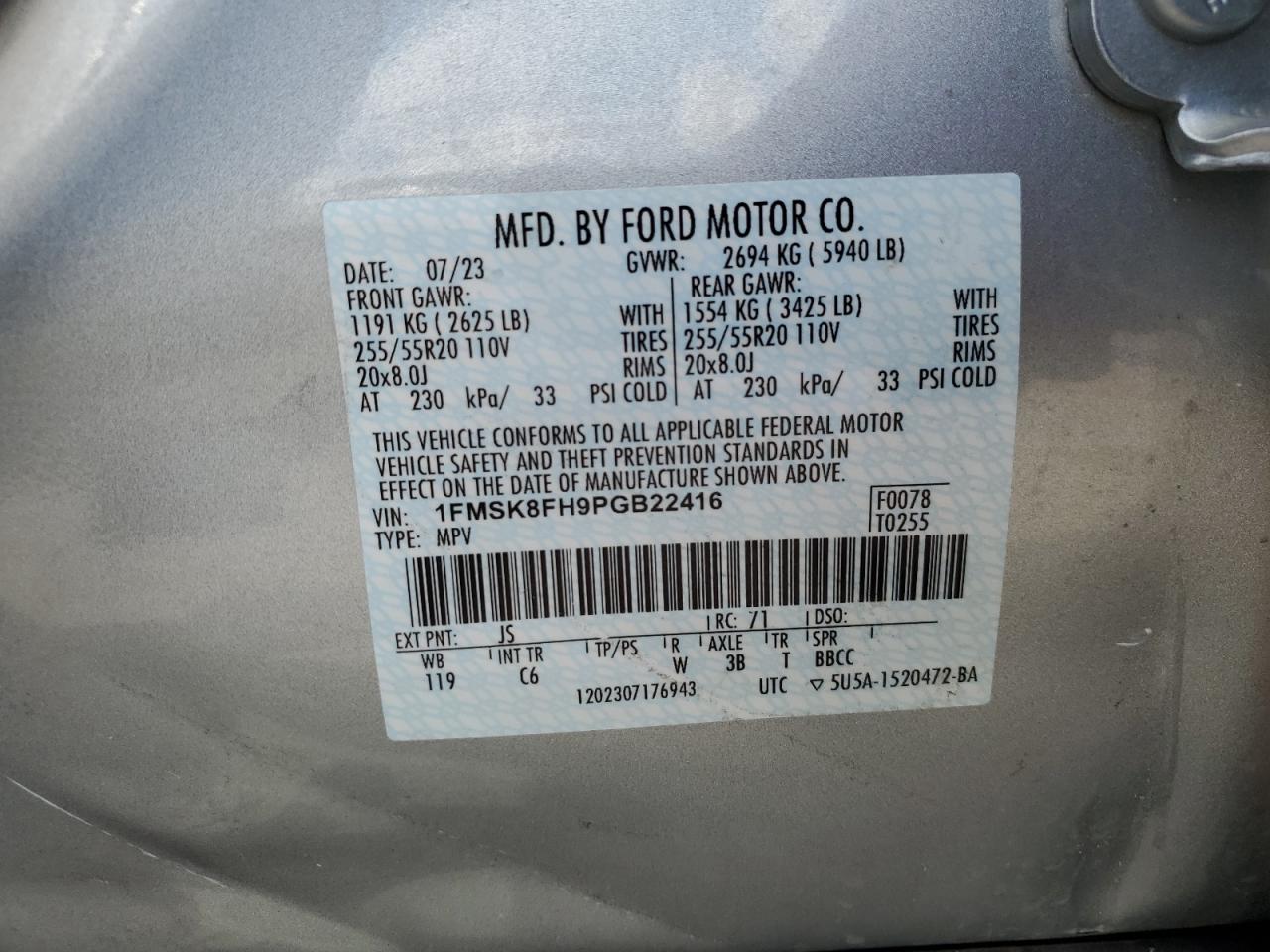 2023 Ford Explorer Limited VIN: 1FMSK8FH9PGB22416 Lot: 62079425