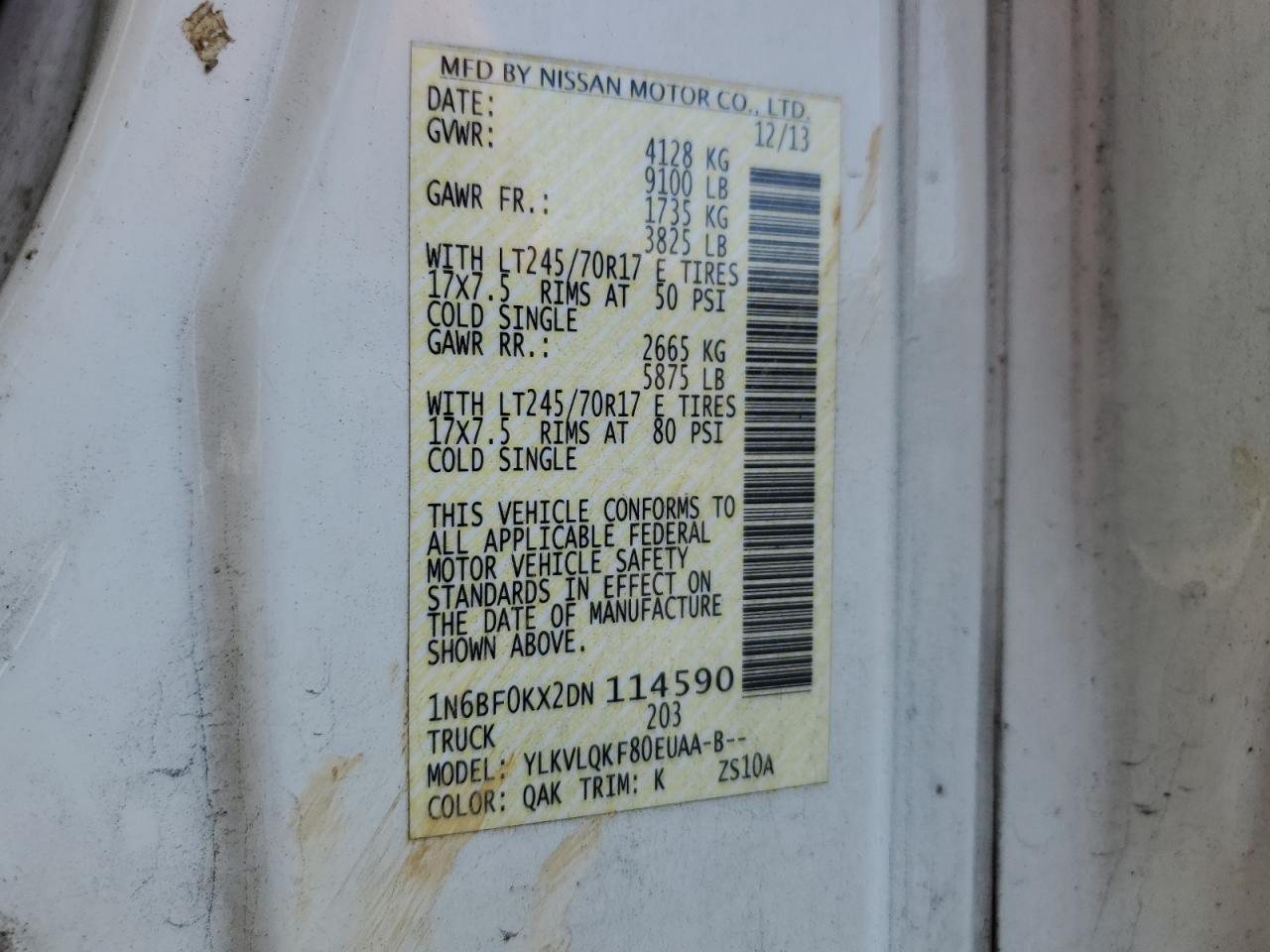 2013 Nissan Nv 1500 VIN: 1N6BF0KX2DN114590 Lot: 61829015