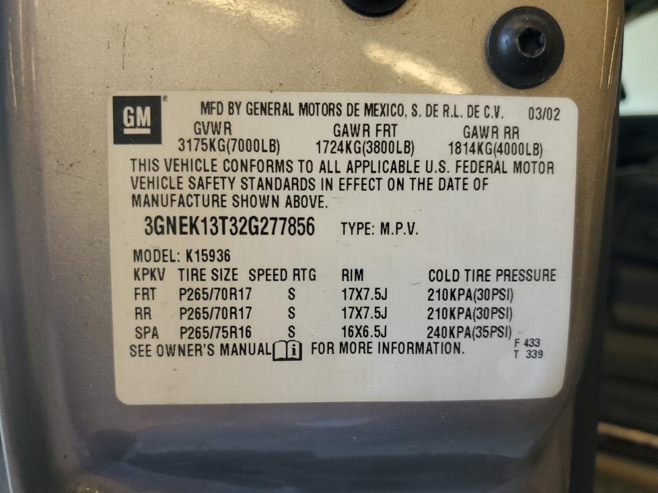 2002 Chevrolet Avalanche K1500 VIN: 3GNEK13T32G277856 Lot: 61471895