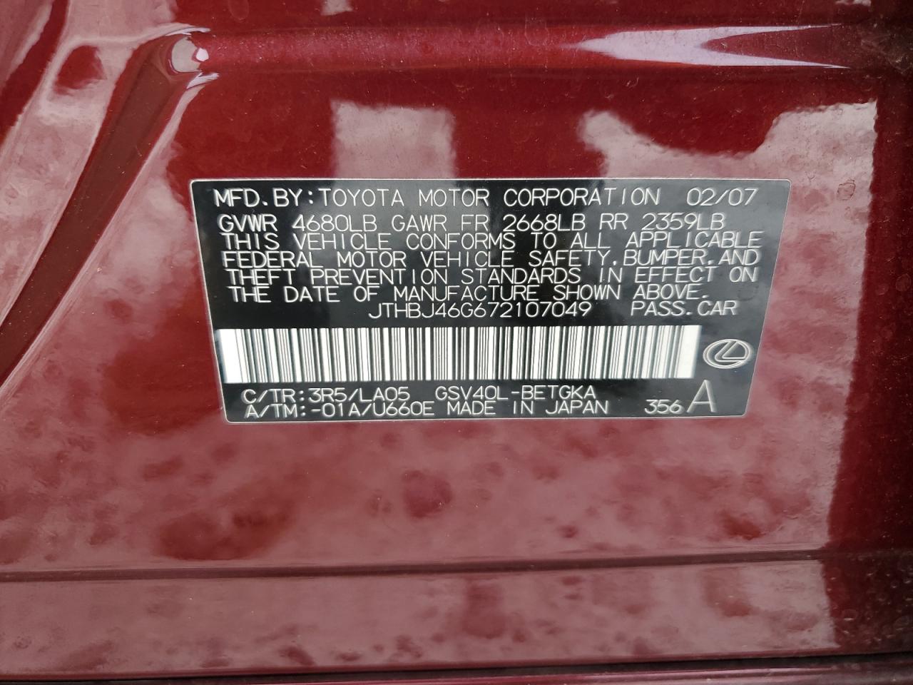 2007 Lexus Es 350 VIN: JTHBJ46G672107049 Lot: 60897905