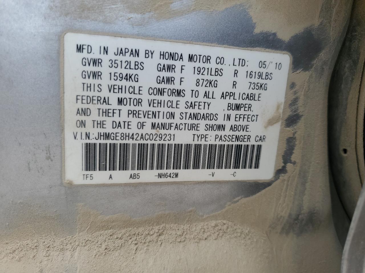 2010 Honda Fit Sport VIN: JHMGE8H42AC029231 Lot: 60340365