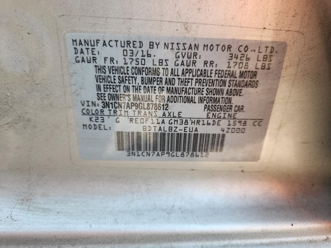 2016 Nissan Versa S VIN: 3N1CN7AP9GL878612 Lot: 62568095