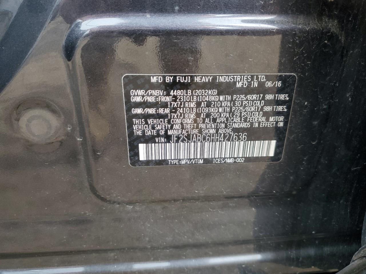 2017 Subaru Forester 2.5I VIN: JF2SJABC6HH427636 Lot: 60981975