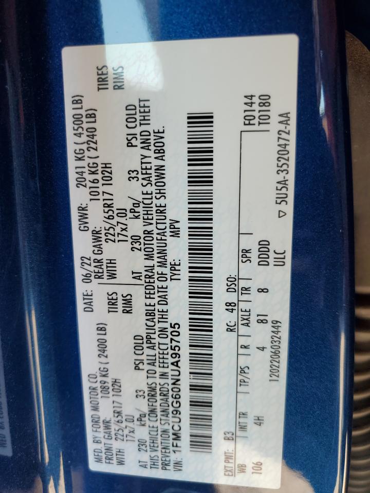 2022 Ford Escape Se VIN: 1FMCU9G60NUA95705 Lot: 62658515