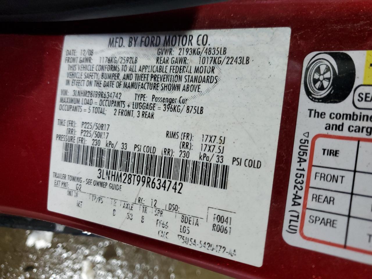 2009 Lincoln Mkz VIN: 3LNHM28T99R634742 Lot: 61418165