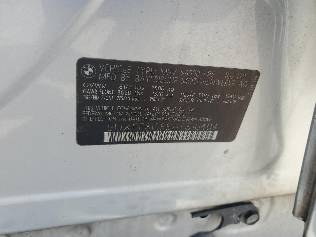 2010 BMW X5 xDrive48I VIN: 5UXFE8C55AL310404 Lot: 62371305