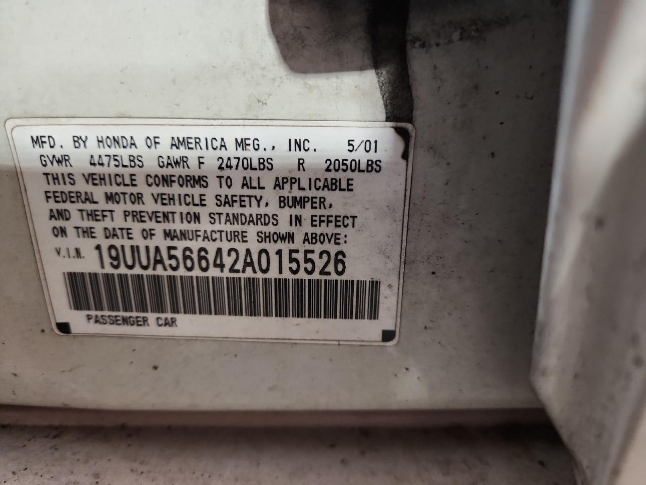 2002 Acura 3.2Tl VIN: 19UUA56642A015526 Lot: 60052385