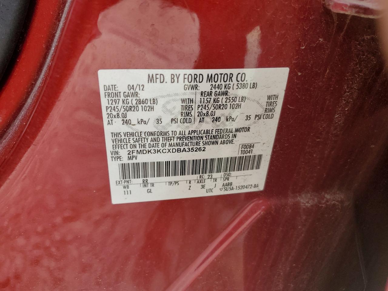 2013 Ford Edge Limited VIN: 2FMDK3KCXDBA35262 Lot: 60317675