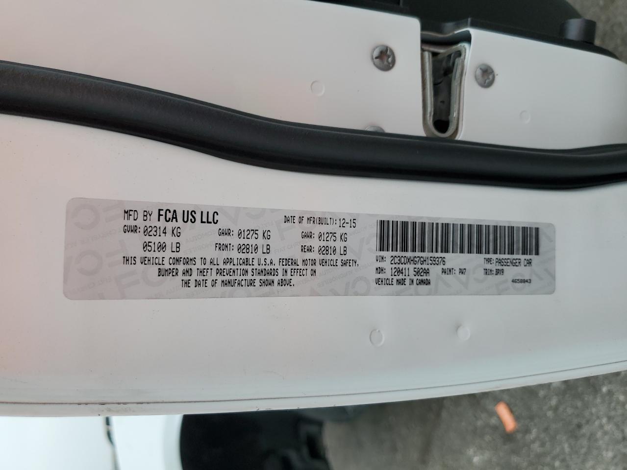 2016 Dodge Charger Sxt VIN: 2C3CDXHG7GH159376 Lot: 60900665