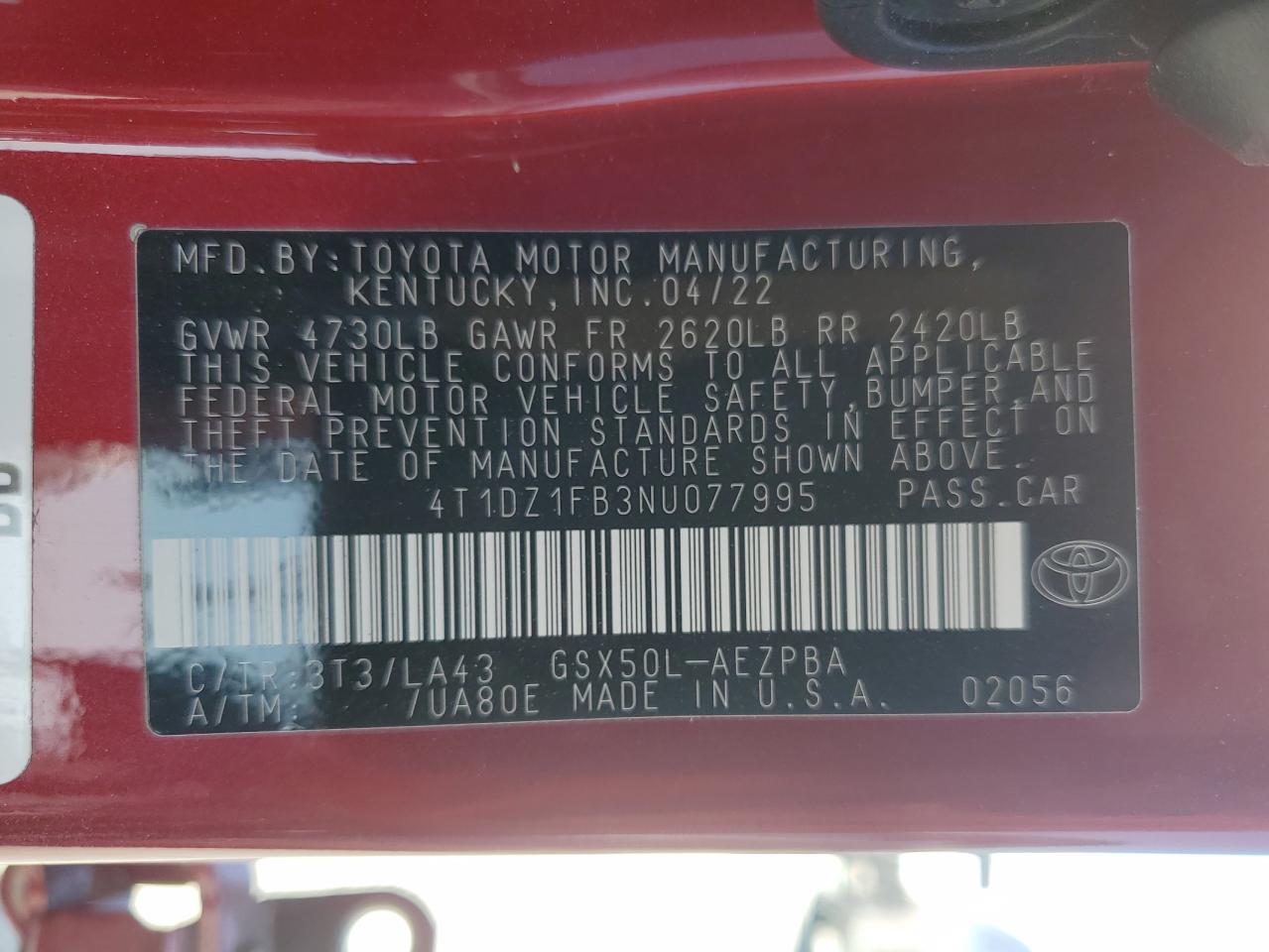 2022 Toyota Avalon Limited VIN: 4T1DZ1FB3NU077995 Lot: 59164685
