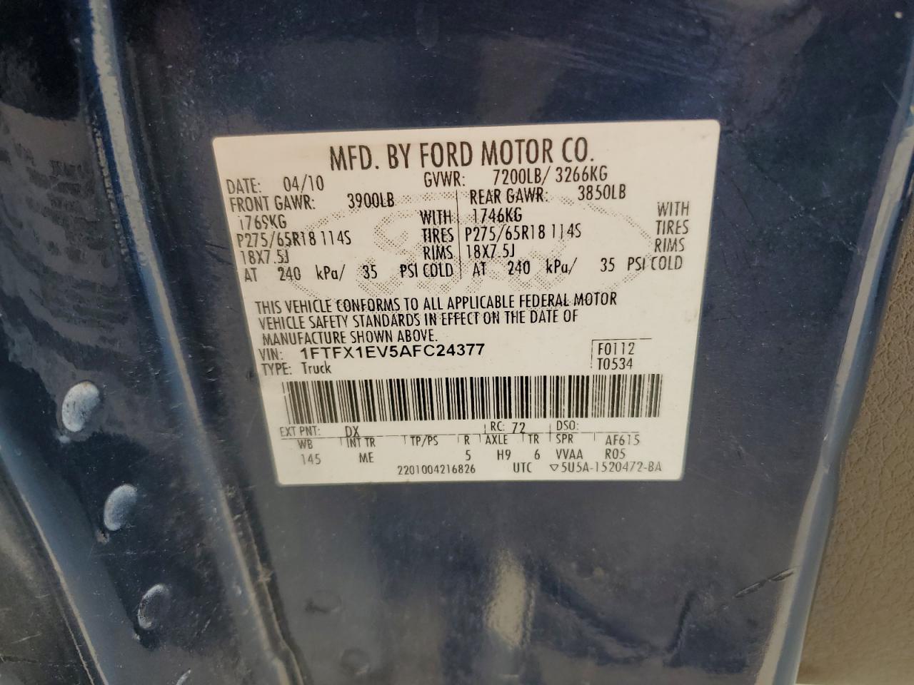 2010 Ford F150 Super Cab VIN: 1FTFX1EV5AFC24377 Lot: 60293625