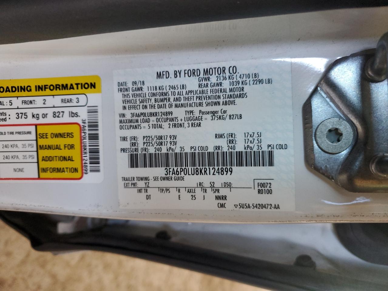 2019 Ford Fusion Se VIN: 3FA6P0LU8KR124899 Lot: 58999355