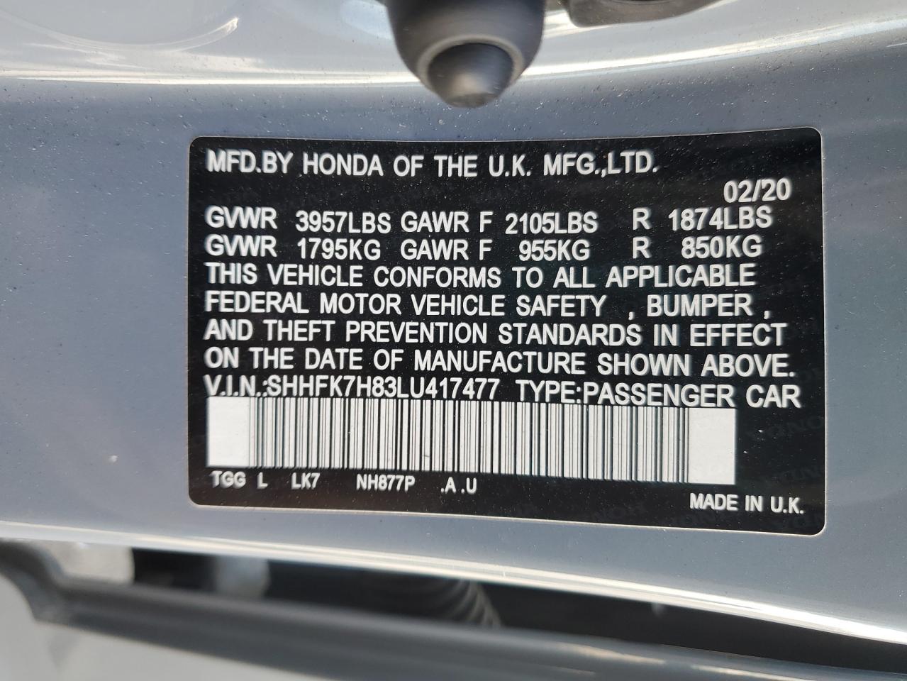 2020 Honda Civic Exl VIN: SHHFK7H83LU417477 Lot: 61510825