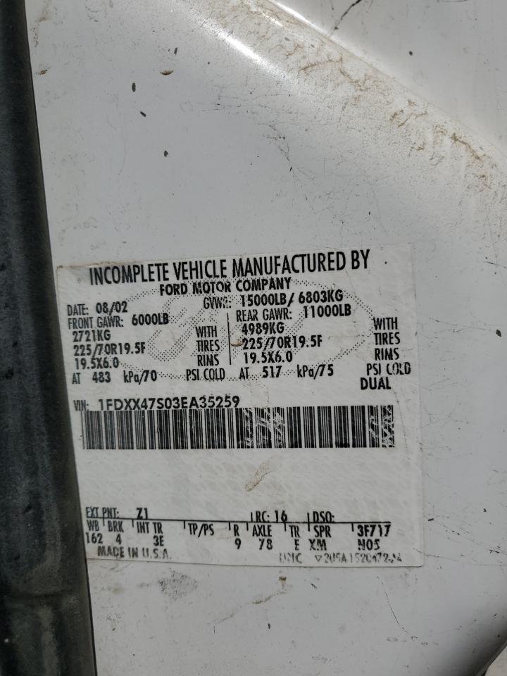 2003 Ford F450 Super Duty VIN: 1FDXX47S03EA35259 Lot: 58870235