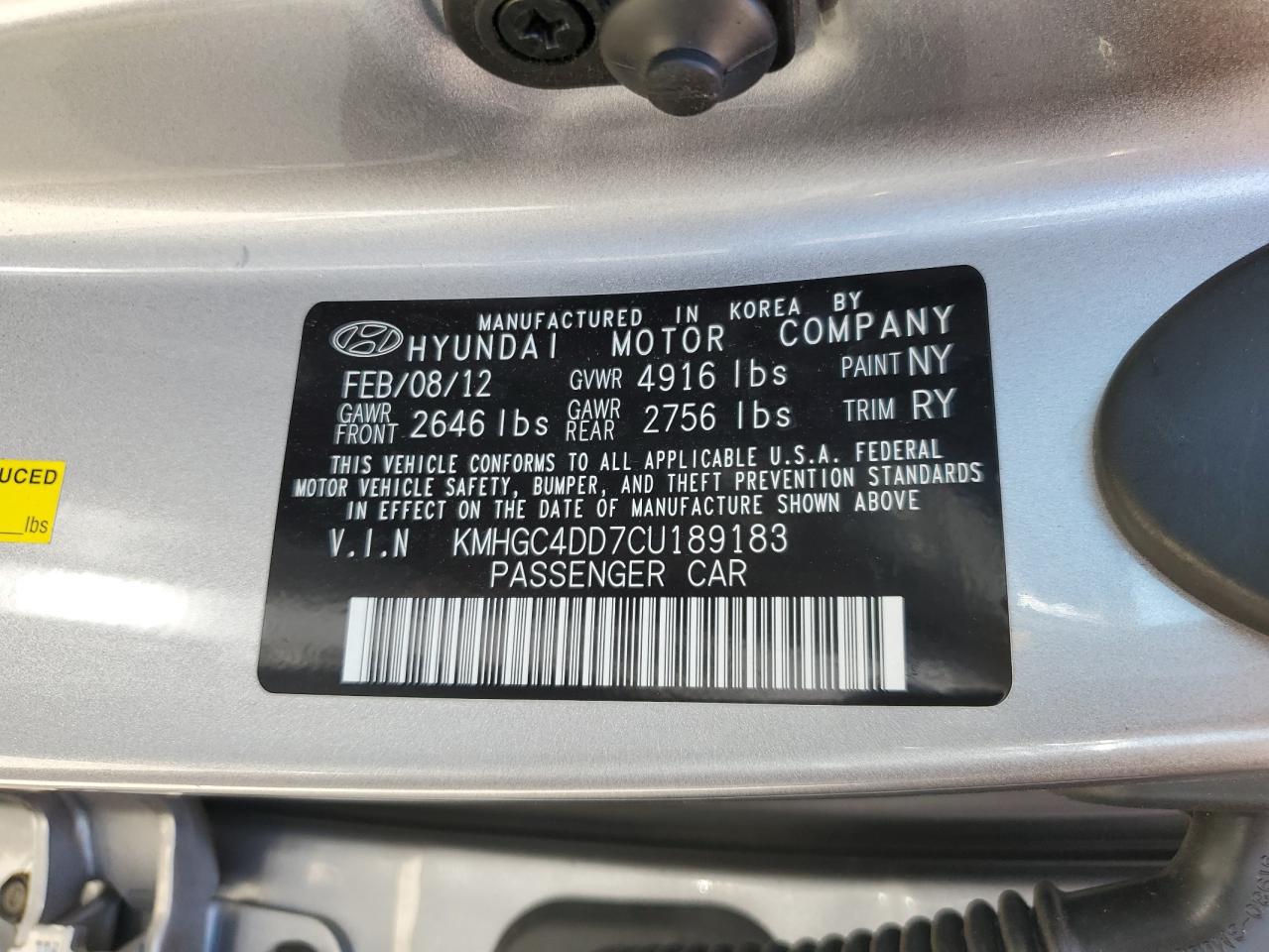 2012 Hyundai Genesis 3.8L VIN: KMHGC4DD7CU189183 Lot: 61276355