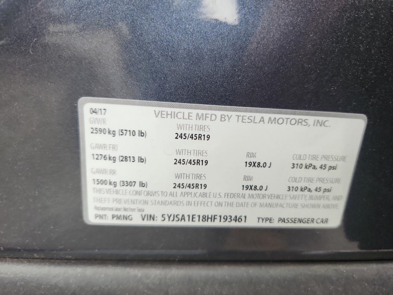 2017 Tesla Model S VIN: 5YJSA1E18HF193461 Lot: 61040785