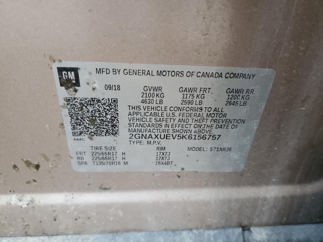 2019 Chevrolet Equinox Lt VIN: 2GNAXUEV5K6156757 Lot: 61069065