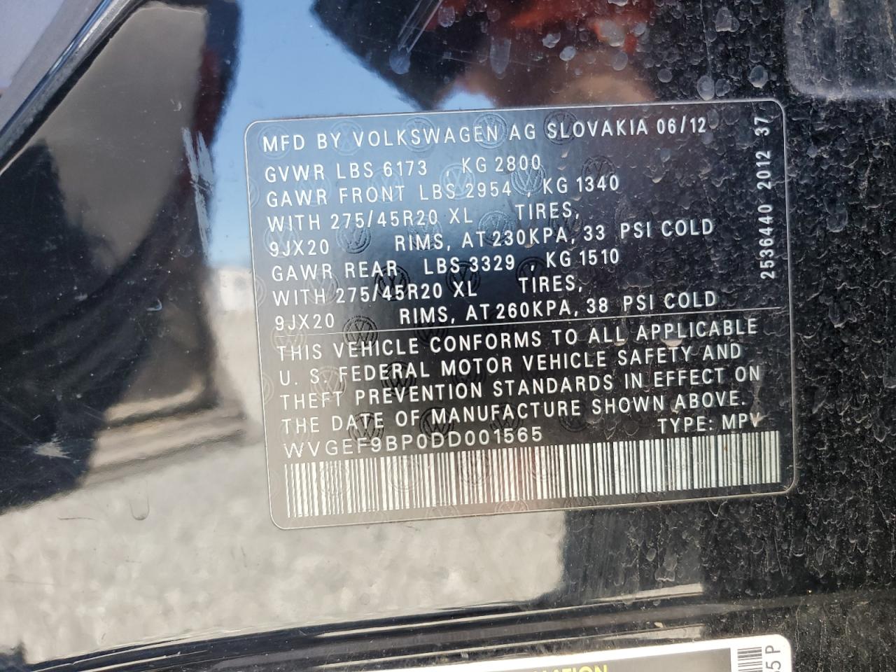 2013 Volkswagen Touareg V6 VIN: WVGEF9BP0DD001565 Lot: 63070845