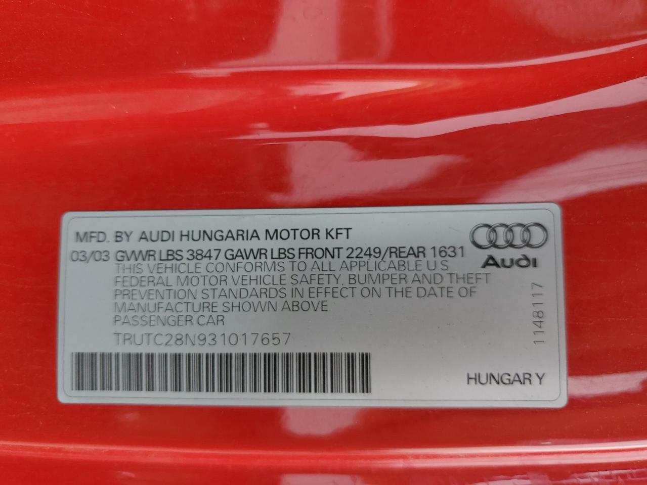 2003 Audi Tt VIN: TRUTC28N931017657 Lot: 59728475