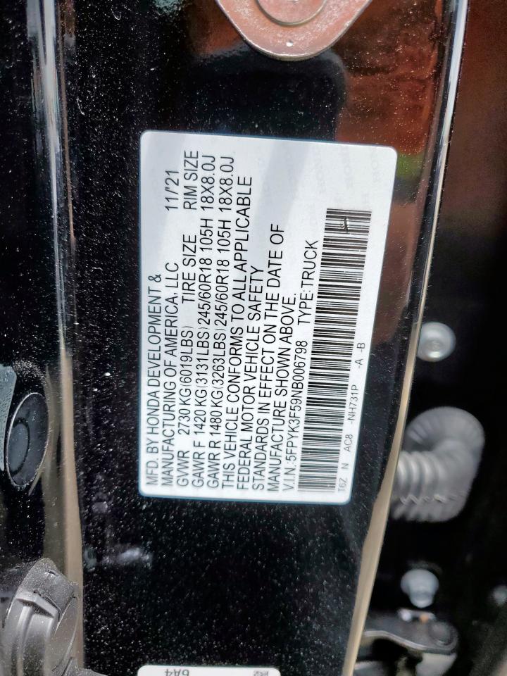 2022 Honda Ridgeline Rtl VIN: 5FPYK3F59NB006798 Lot: 59574755