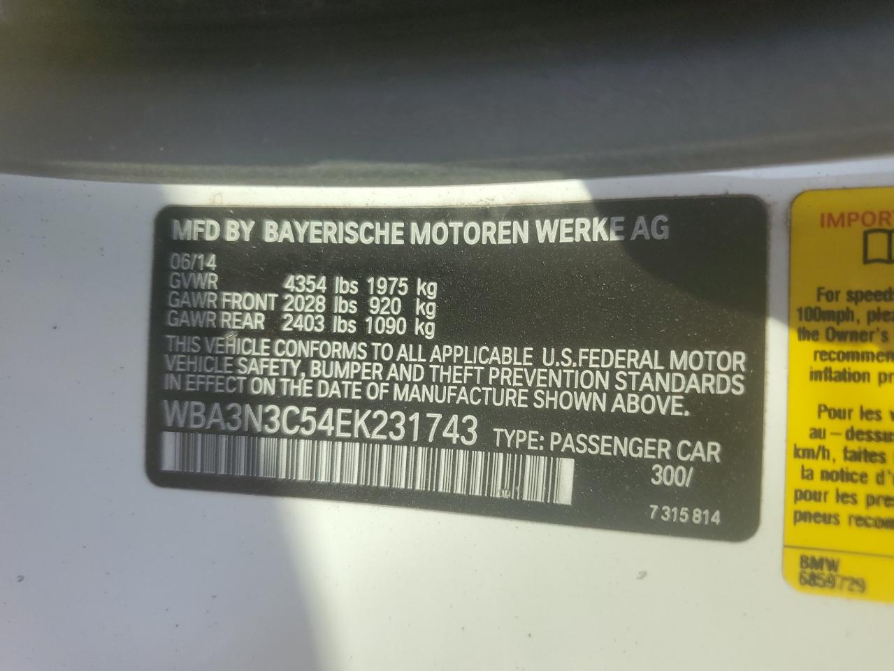 2014 BMW 428 I VIN: WBA3N3C54EK231743 Lot: 62425175