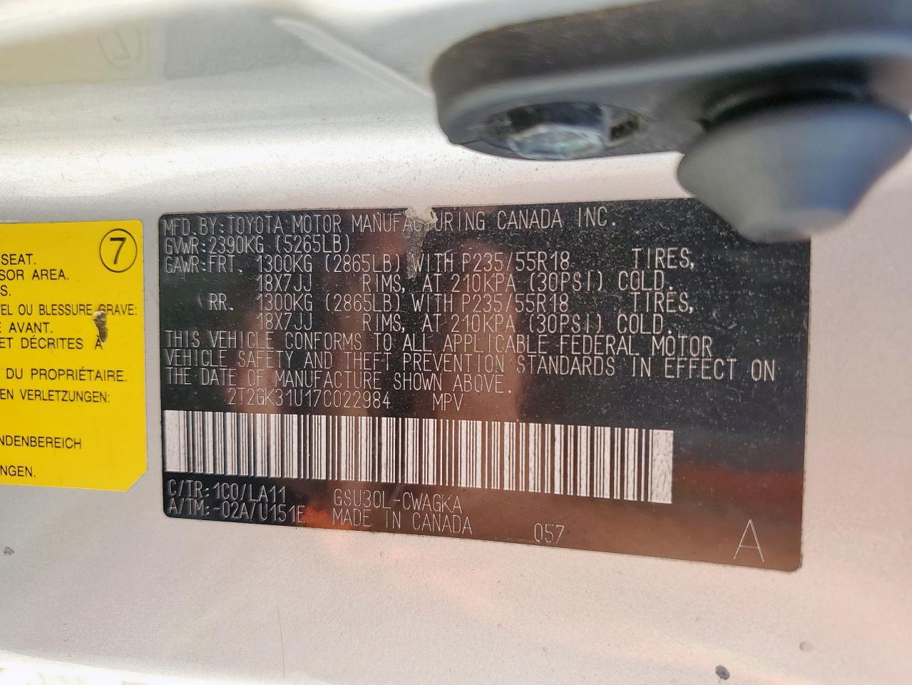 2007 Lexus Rx 350 VIN: 2T2GK31U17C022984 Lot: 62147105