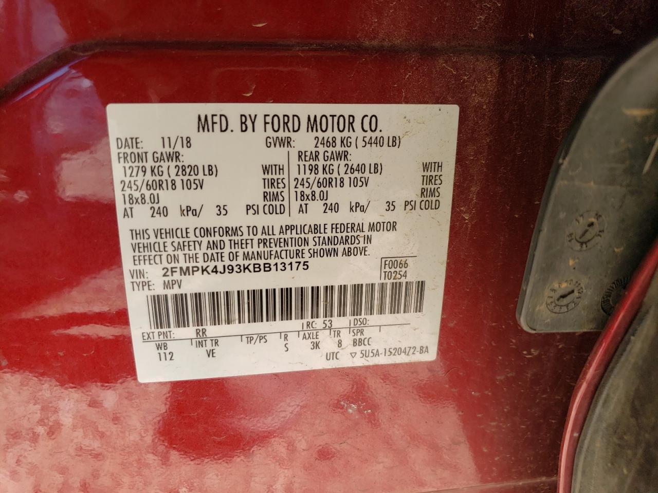 2FMPK4J93KBB13175 FORD EDGE 2019