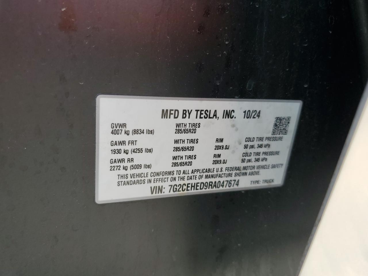 2024 Tesla Cybertruck VIN: 7G2CEHED9RA047674 Lot: 61213915